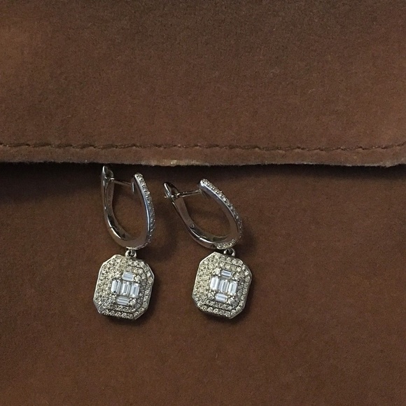 Solid 14K White Gold Genuine Diamond Drop Earrings - Picture 3 of 7